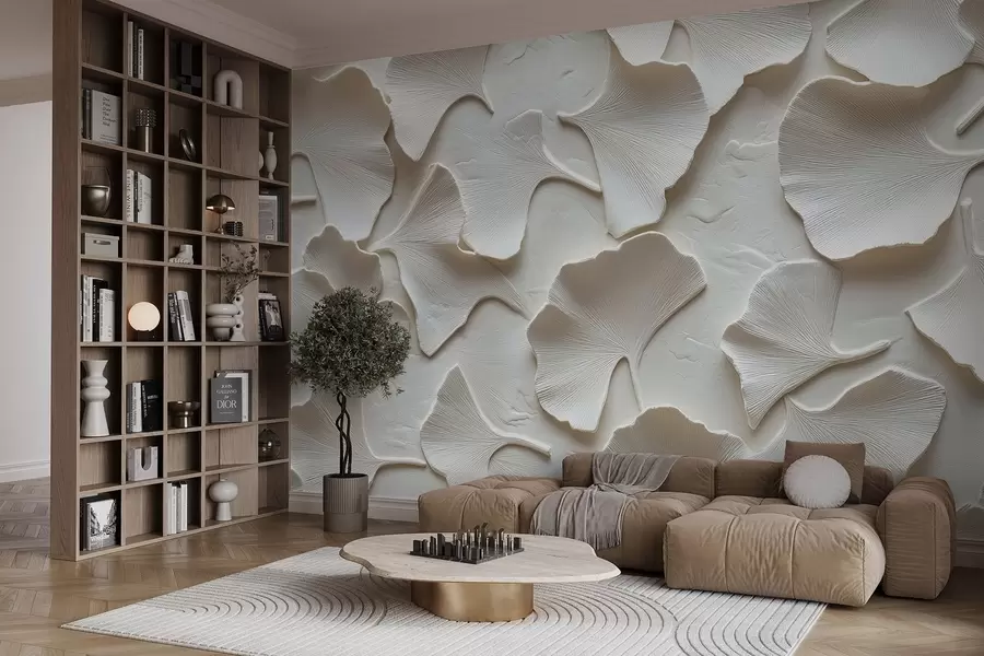 Murales de pared Estuco con delicado relieve de hojas de ginkgo sobre fondo blanco w08560v1 murales de pared Estuco con delicado relieve de hojas de ginkgo sobre fondo blanco w08560v1