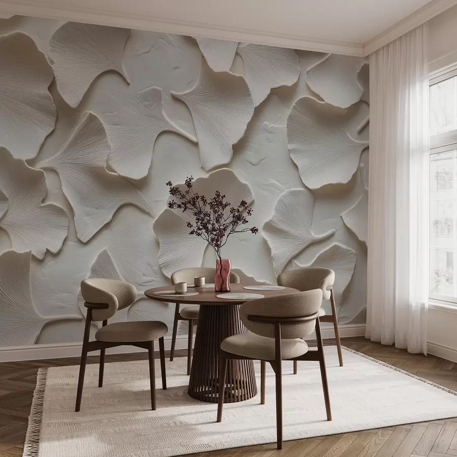 Murales de pared Estuco con delicado relieve de hojas de ginkgo sobre fondo blanco w08560v1 murales de pared Estuco con delicado relieve de hojas de ginkgo sobre fondo blanco w08560v1