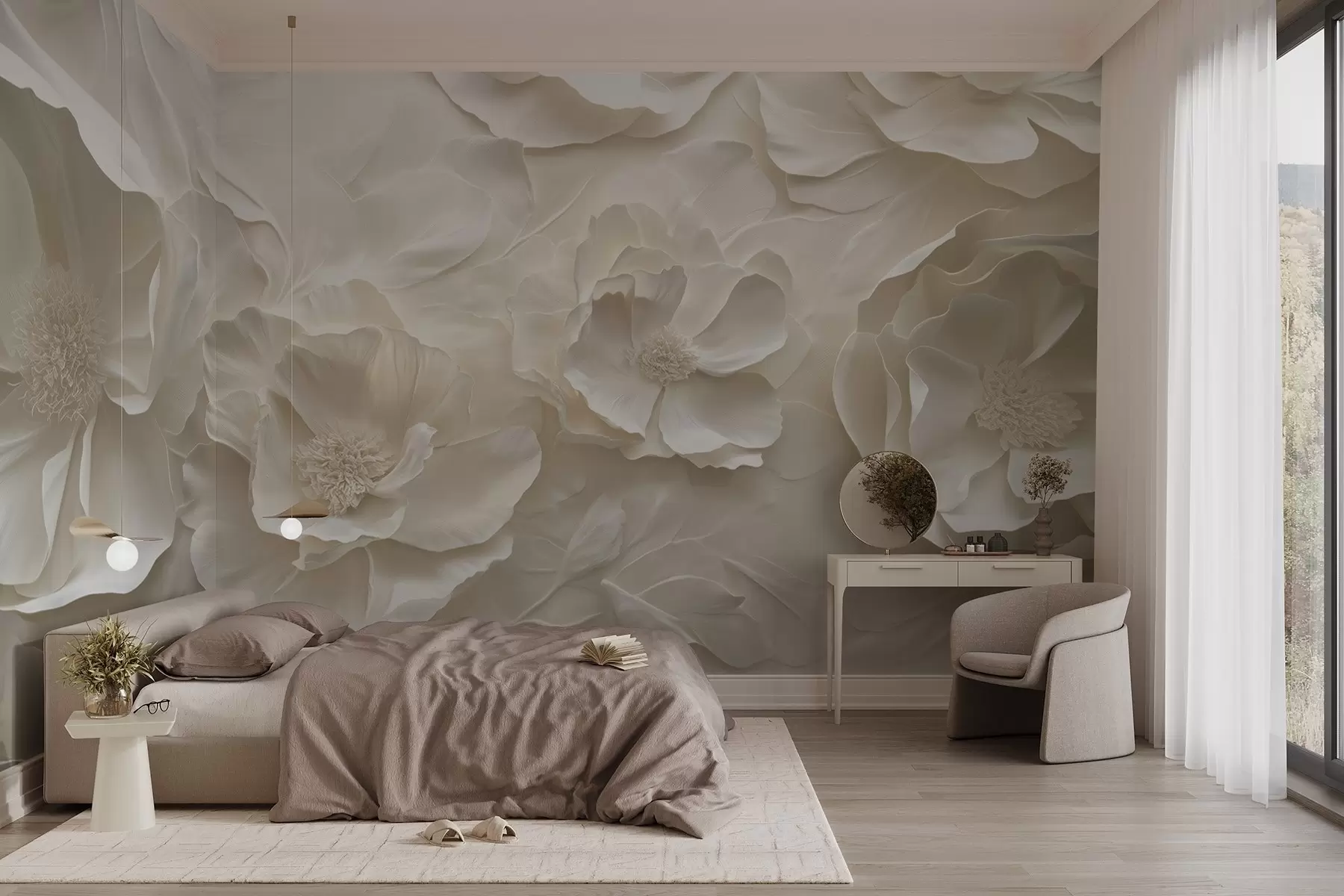 murales de pared Flores aéreas en tonos cálidos sobre un fondo de trazos de hojas w08562