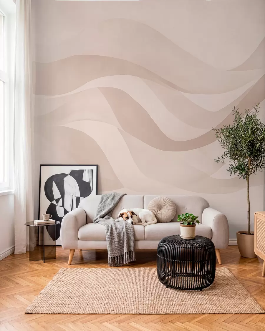 murales de pared Suaves ondas en suaves tonos beige en estilo acuarela w08564