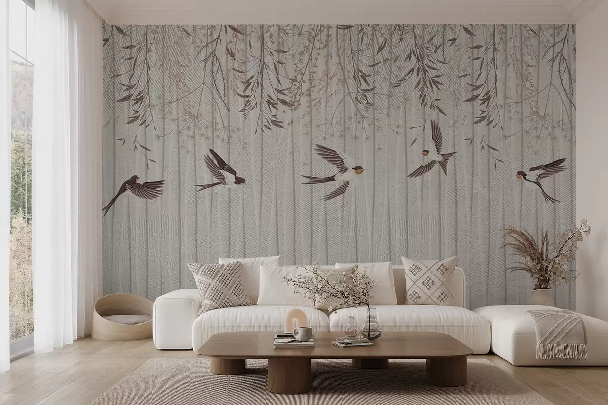 Murales de pared Pájaros volando sobre un fondo texturizado con dientes de león y flores w08566 murales de pared Pájaros volando sobre un fondo texturizado con dientes de león y flores w08566
