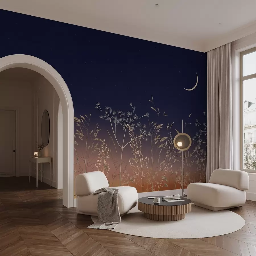 Murales de pared Dientes de león con flores silvestres sobre un fondo de puesta de sol con un cielo azul y la luna w08567 murales de pared Dientes de león con flores silvestres sobre un fondo de puesta de sol con un cielo azul y la luna w08567