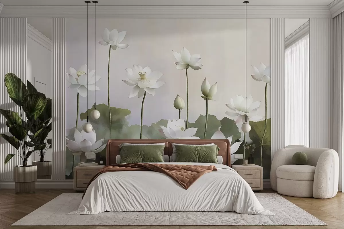 murales de pared Flores de loto blancas y tiernas w08596