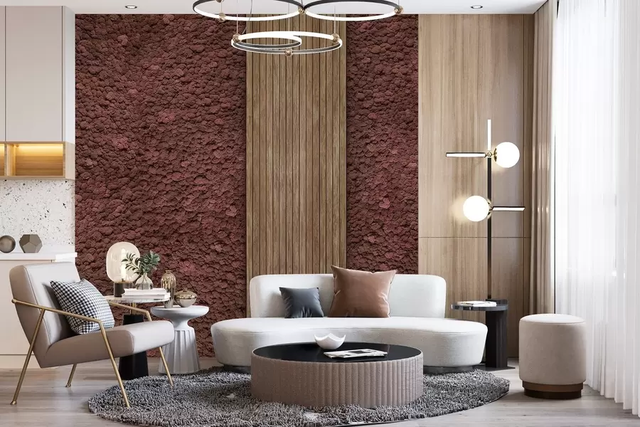 Murales de pared Pared estilo musgo con panel de madera, exuberantes colores burdeos w02656v1 murales de pared Pared estilo musgo con panel de madera, exuberantes colores burdeos w02656v1