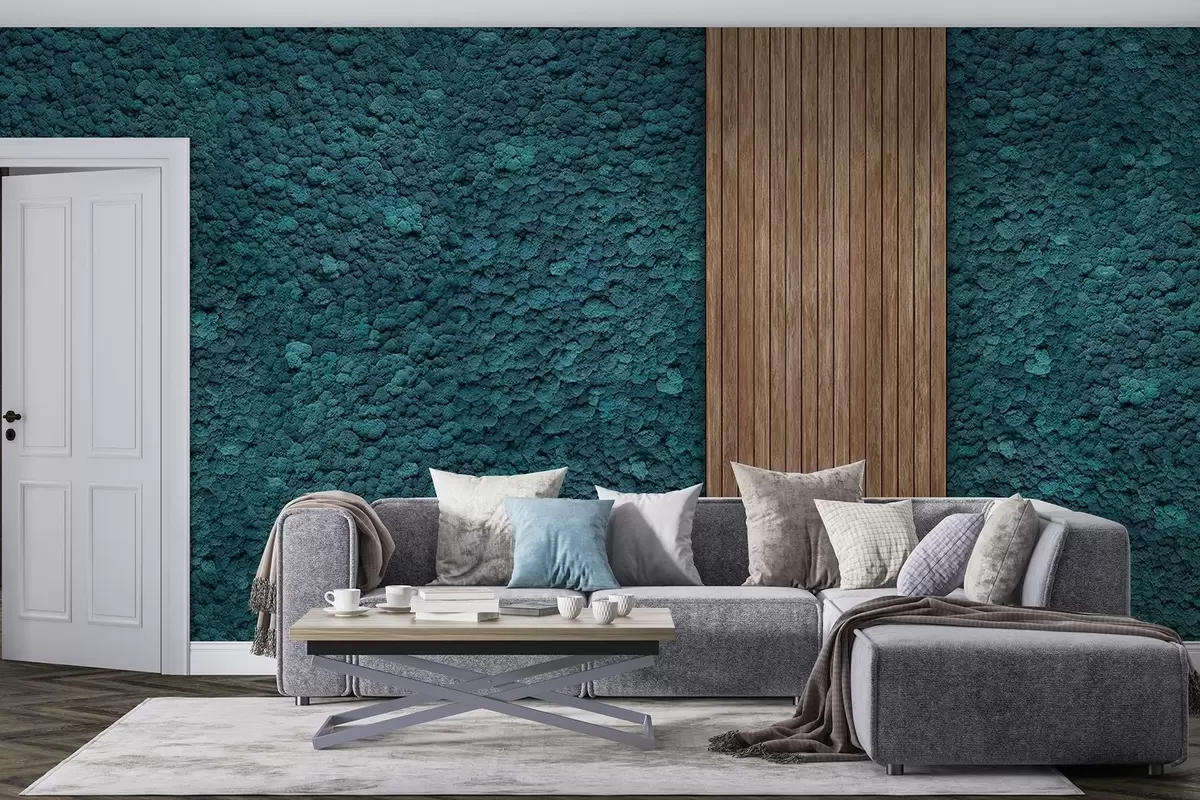 Murales de pared Pared estilo musgo con panel de madera, exuberantes colores azules w02656v2 murales de pared Pared estilo musgo con panel de madera, exuberantes colores azules w02656v2
