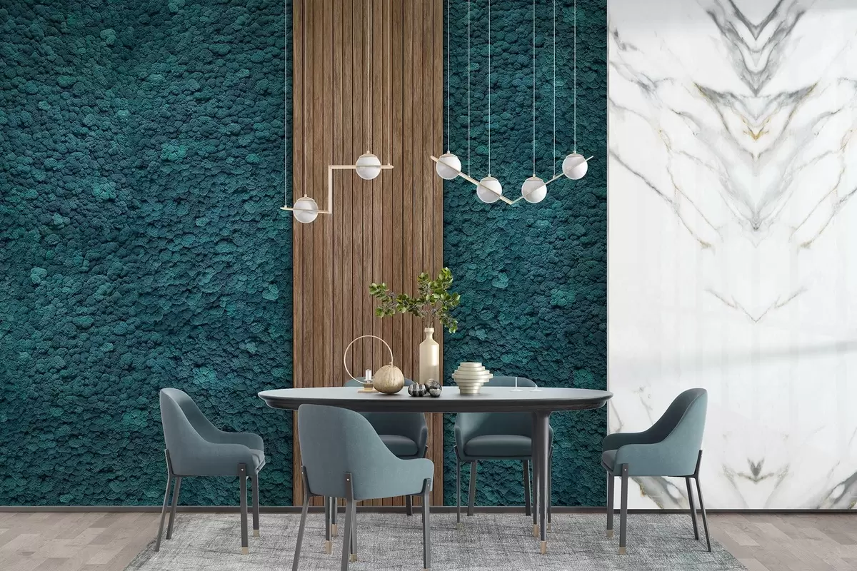Murales de pared Pared estilo musgo con panel de madera, exuberantes colores azules w02656v2 murales de pared Pared estilo musgo con panel de madera, exuberantes colores azules w02656v2