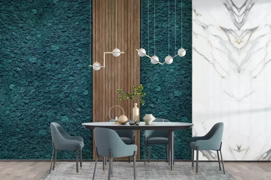 Murales de pared Pared estilo musgo con panel de madera, exuberantes colores azules w02656v2 murales de pared Pared estilo musgo con panel de madera, exuberantes colores azules w02656v2