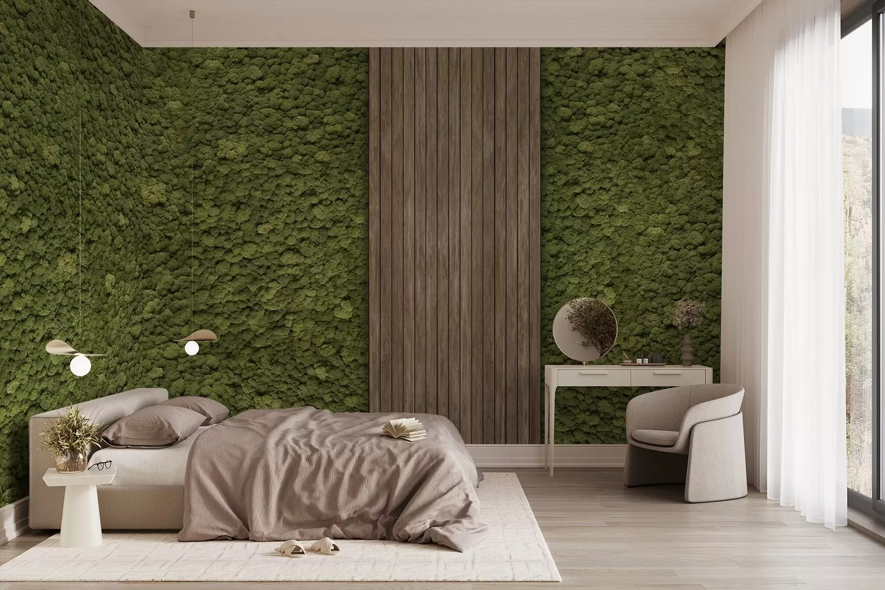 murales de pared Pared estilo musgo con panel de madera, exuberantes colores oliva w02656v3