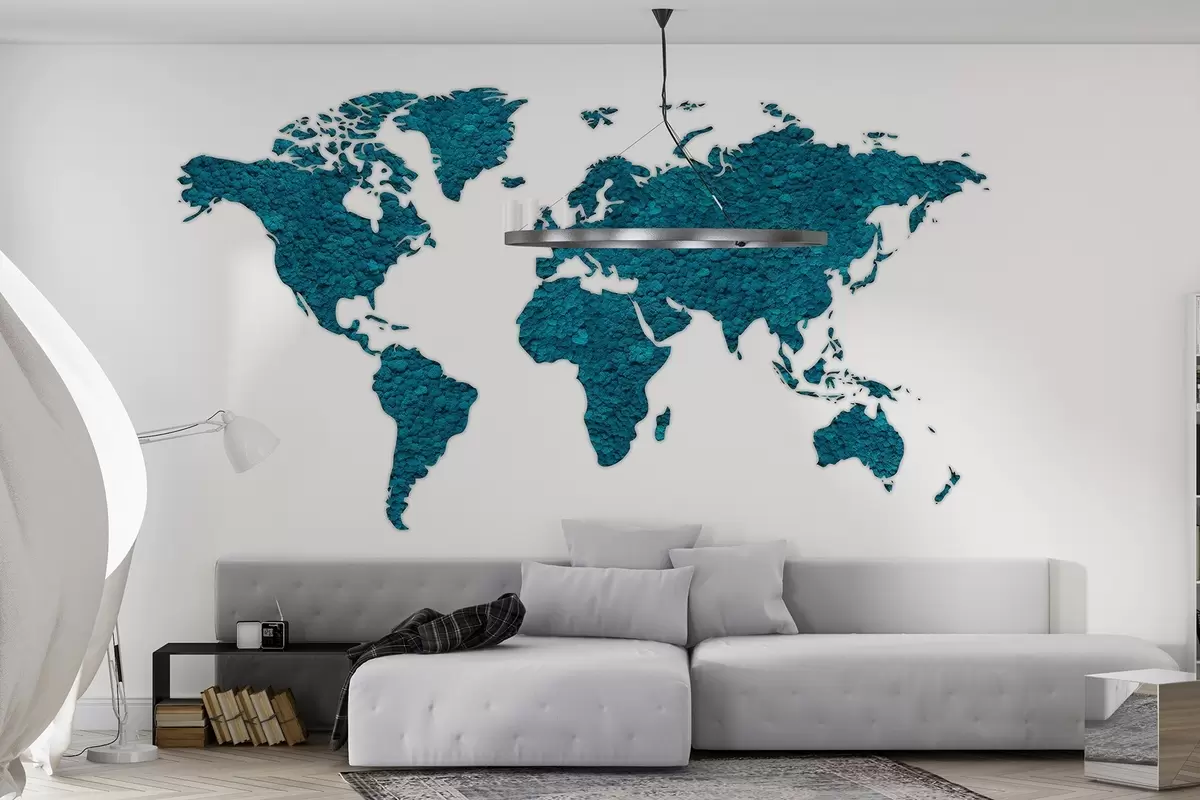 Murales de pared Mapamundi con musgo, naturaleza, paleta de colores azules  w02657v1 murales de pared Mapamundi con musgo, naturaleza, paleta de colores azules  w02657v1