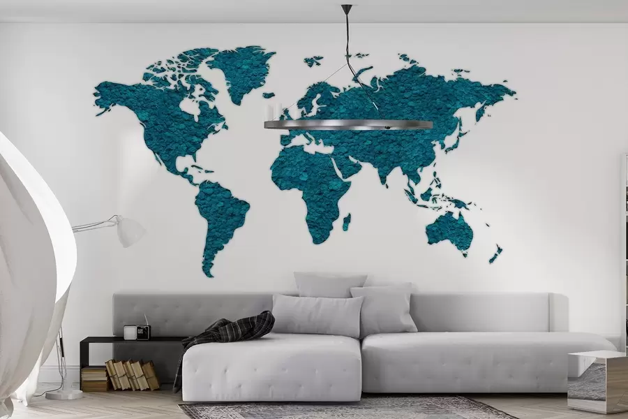 Murales de pared Mapamundi con musgo, naturaleza, paleta de colores azules  w02657v1 murales de pared Mapamundi con musgo, naturaleza, paleta de colores azules  w02657v1