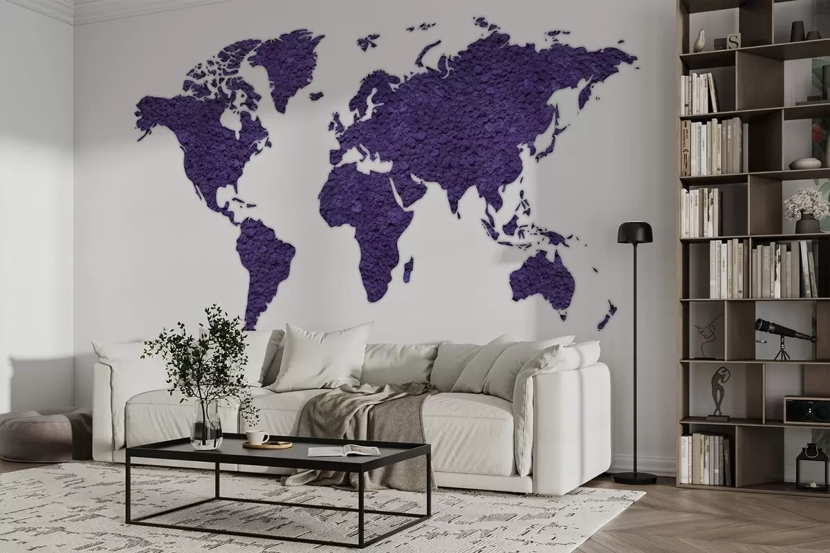 Murales de pared Mapamundi con musgo, naturaleza, paleta de colores púrpura  w02657v3 murales de pared Mapamundi con musgo, naturaleza, paleta de colores púrpura  w02657v3
