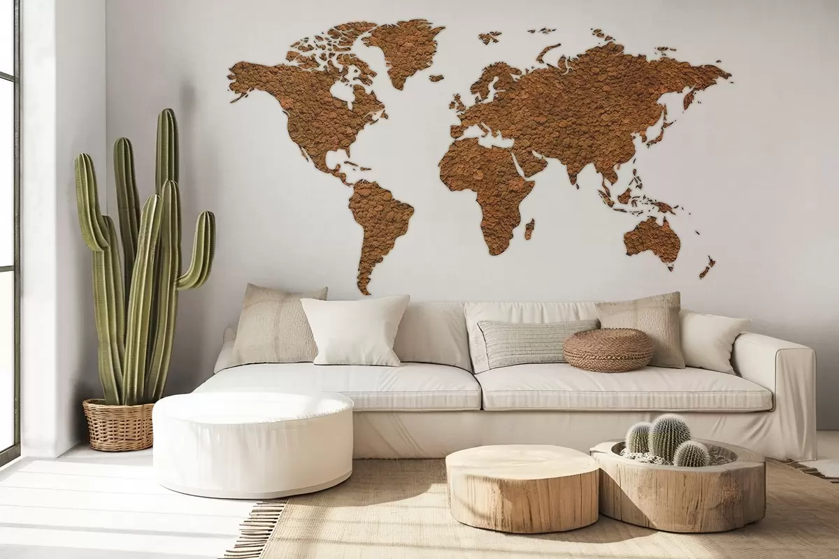 Murales de pared Mapamundi con musgo, naturaleza, paleta de colores beige  w02657v4 murales de pared Mapamundi con musgo, naturaleza, paleta de colores beige  w02657v4