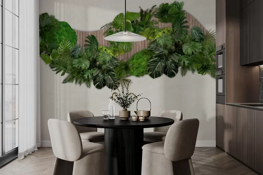 murales de pared Panel floral con hojas de palmera, musgo y fondo de madera w02717