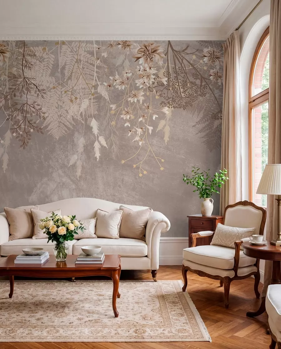 murales de pared Unas plantas de ensueño, delicadas y tenues, espiguillas y flores en colores pastel marrones sobre un fondo brumoso y texturizado w08606v1