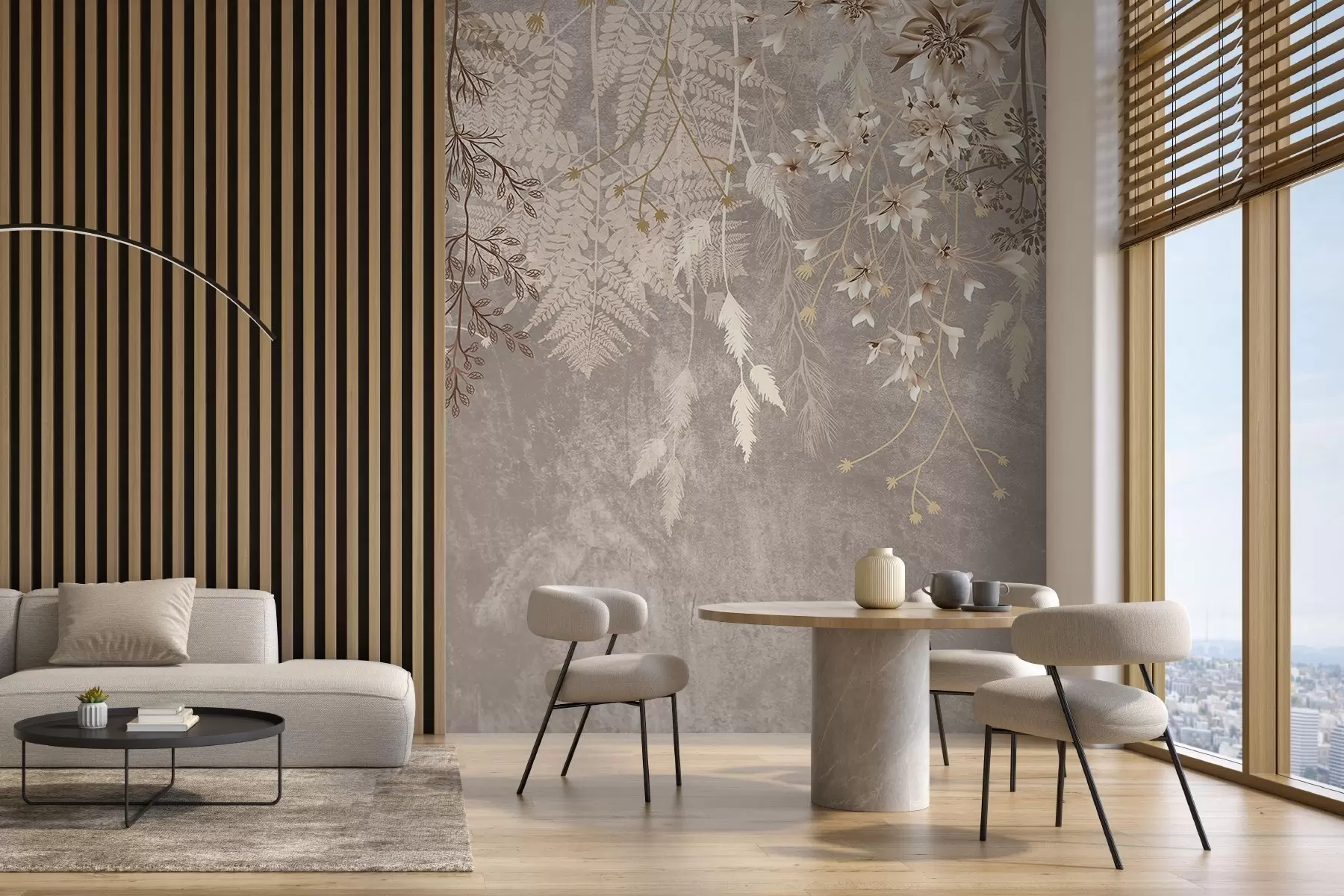 murales de pared Unas plantas de ensueño, delicadas y tenues, espiguillas y flores en colores pastel marrones sobre un fondo brumoso y texturizado w08606v1