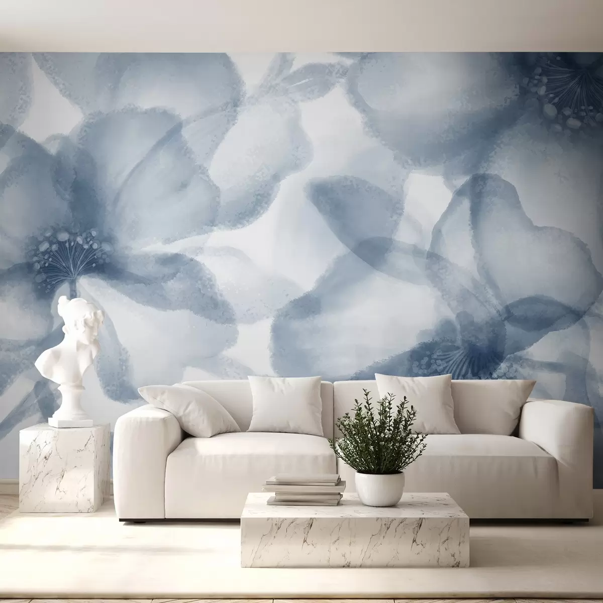 Murales de pared Flores azules abstractas suaves y difuminadas que crean un estampado floral sereno y tranquilizador w08607 murales de pared Flores azules abstractas suaves y difuminadas que crean un estampado floral sereno y tranquilizador w08607