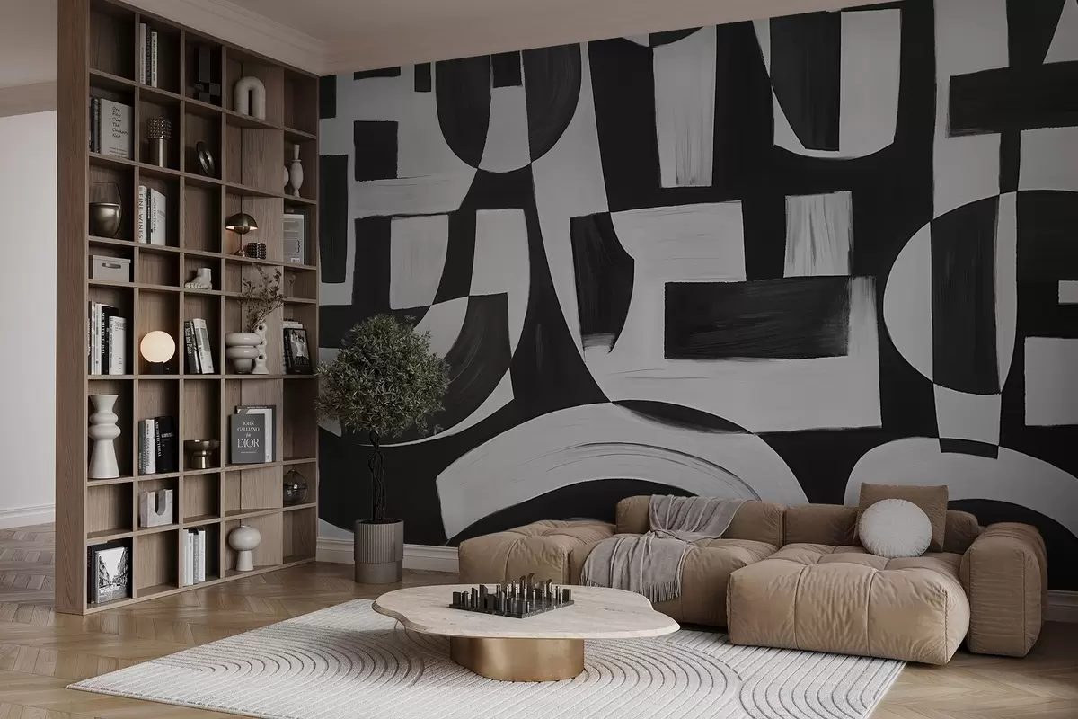 Murales de pared Formas y motivos geométricos abstractos en blanco y negro que crean una composición visualmente impactante y dinámica w08608 murales de pared Formas y motivos geométricos abstractos en blanco y negro que crean una composición visualmente impactante y dinámica w08608
