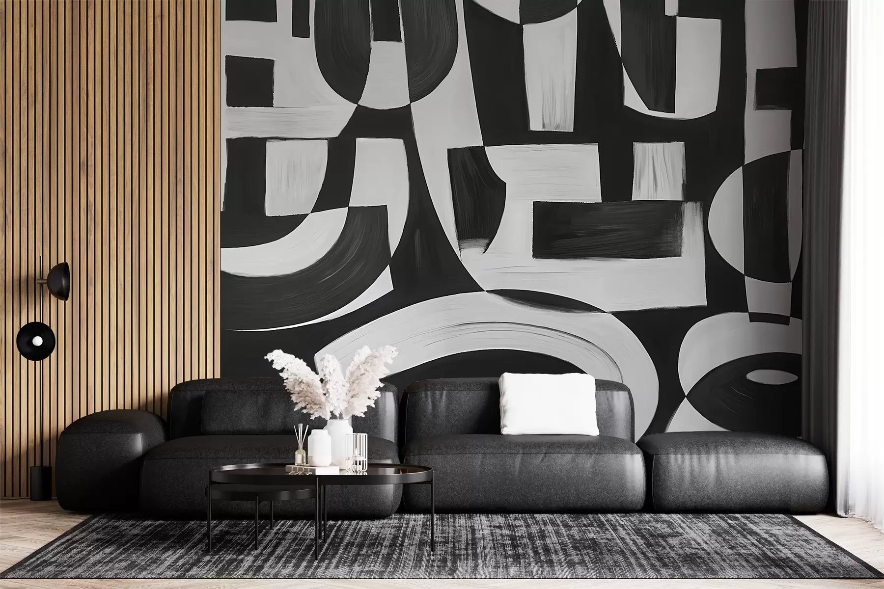 murales de pared Formas y motivos geométricos abstractos en blanco y negro que crean una composición visualmente impactante y dinámica w08608