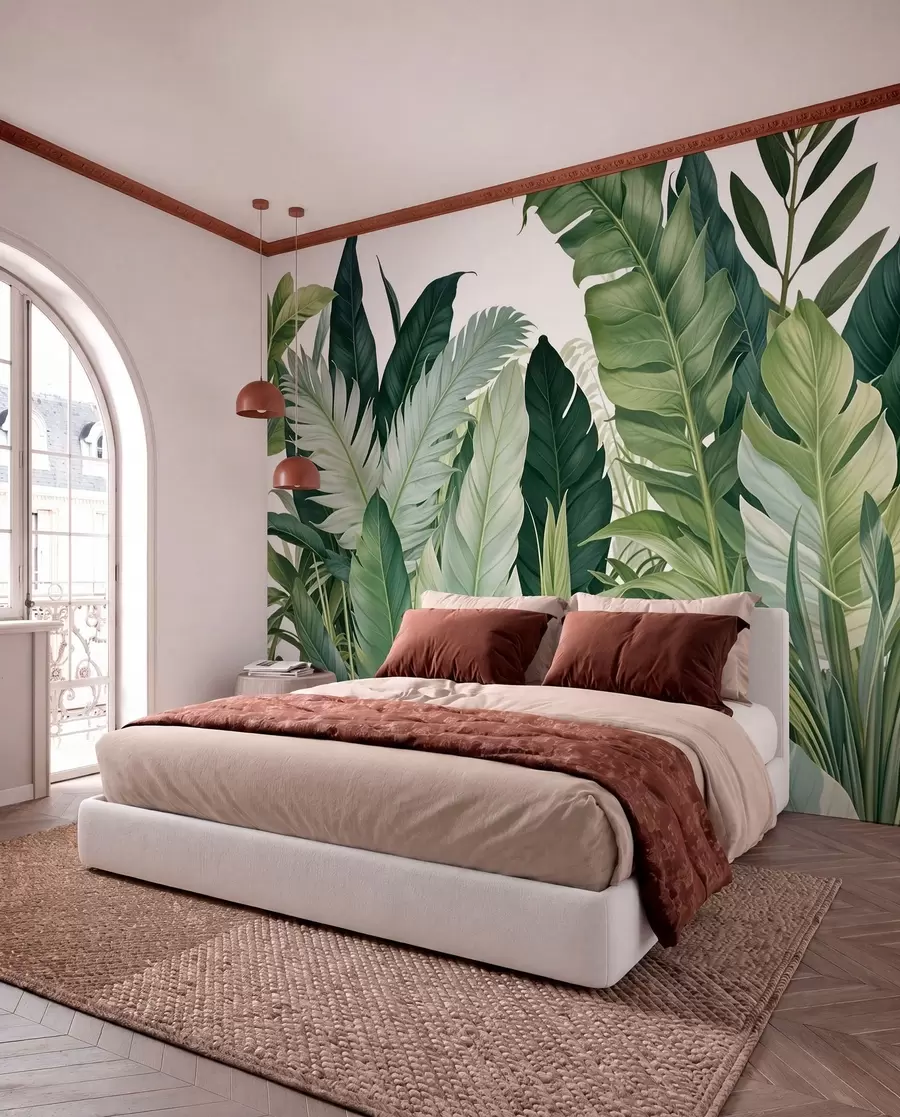 murales de pared Follaje tropical con varias hojas verdes grandes, incluidas hojas de plátano, hojas de palmera y otras especies de plantas exóticas w08609