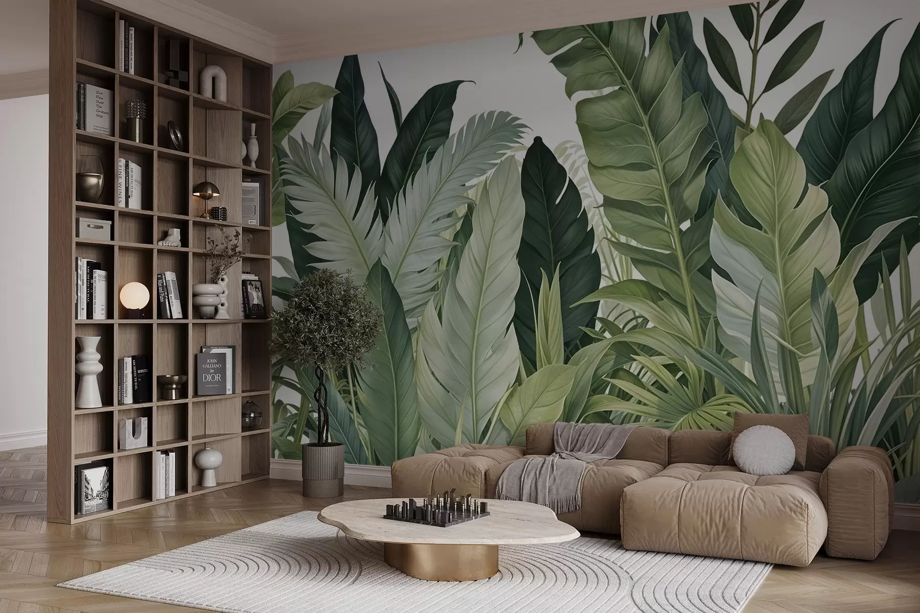 murales de pared Follaje tropical con varias hojas verdes grandes, incluidas hojas de plátano, hojas de palmera y otras especies de plantas exóticas w08609