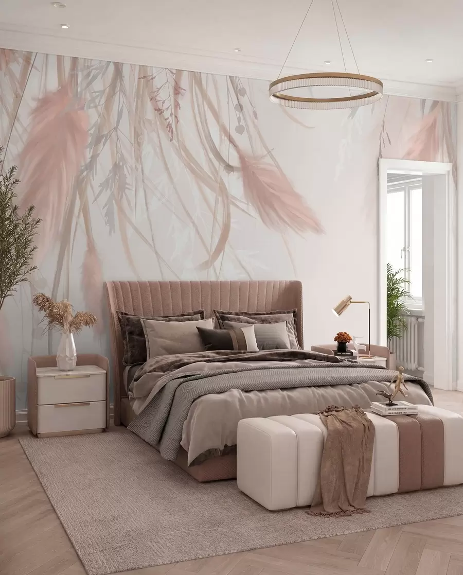 murales de pared Suave hierba de la pampa y espiguillas en tonos beige y rosa sobre un fondo claro w08611