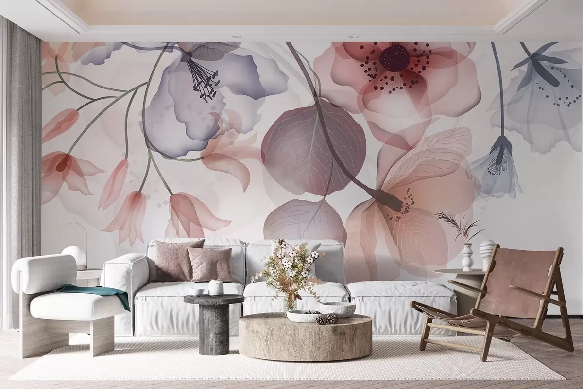 murales de pared Delicadas flores translúcidas rosas y grises con pétalos suaves y centros oscuros, sobre un fondo claro w08613