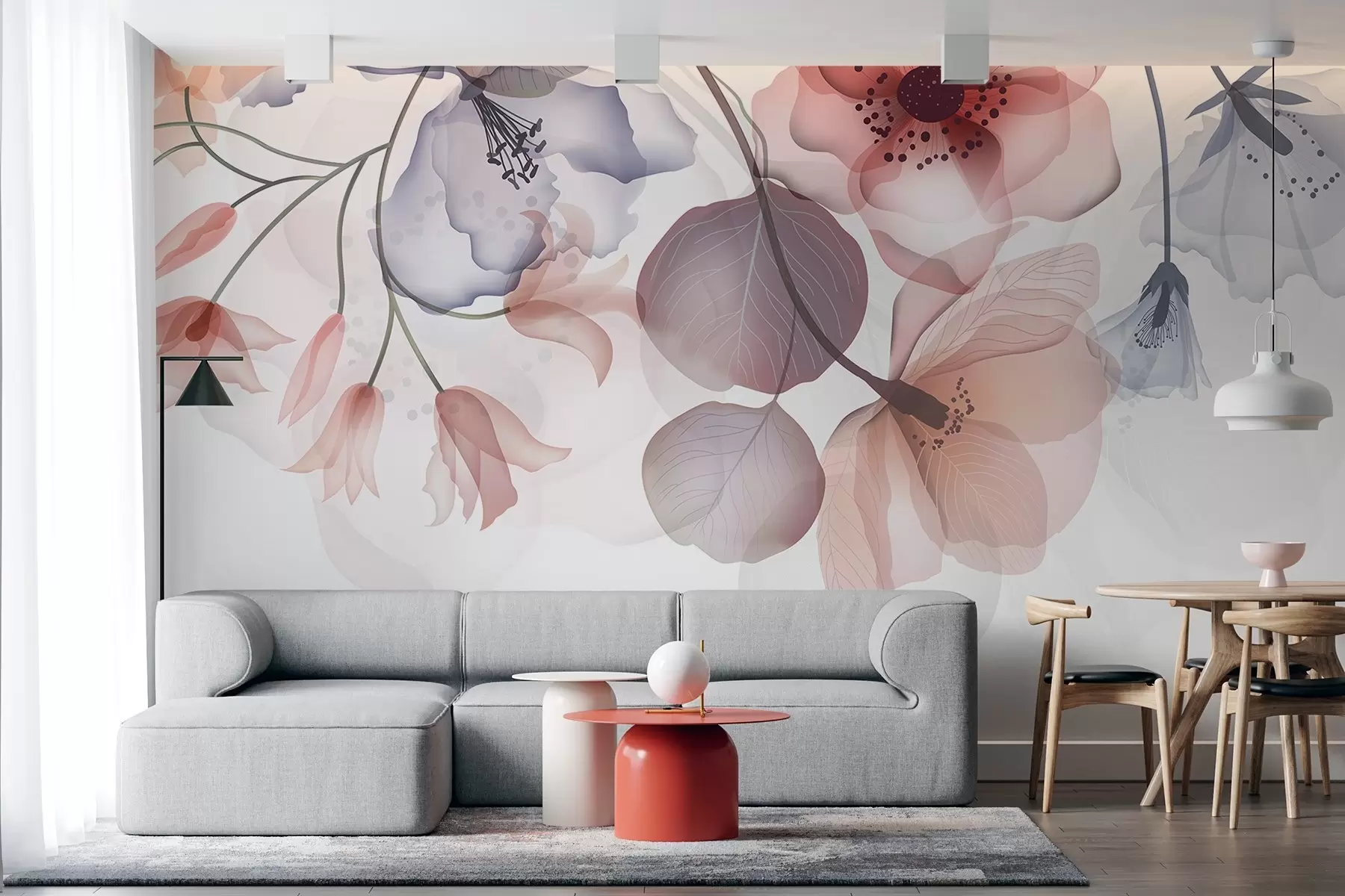 murales de pared Delicadas flores translúcidas rosas y grises con pétalos suaves y centros oscuros, sobre un fondo claro w08613