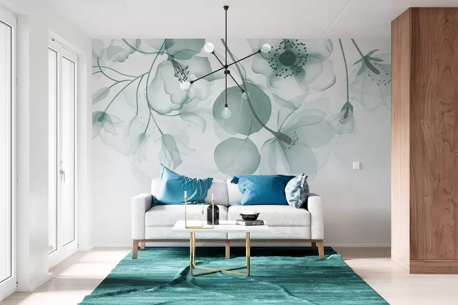 murales de pared Delicadas flores translúcidas de color turquesa apagado, con pétalos suaves y centros oscuros, sobre un fondo claro w08613v1