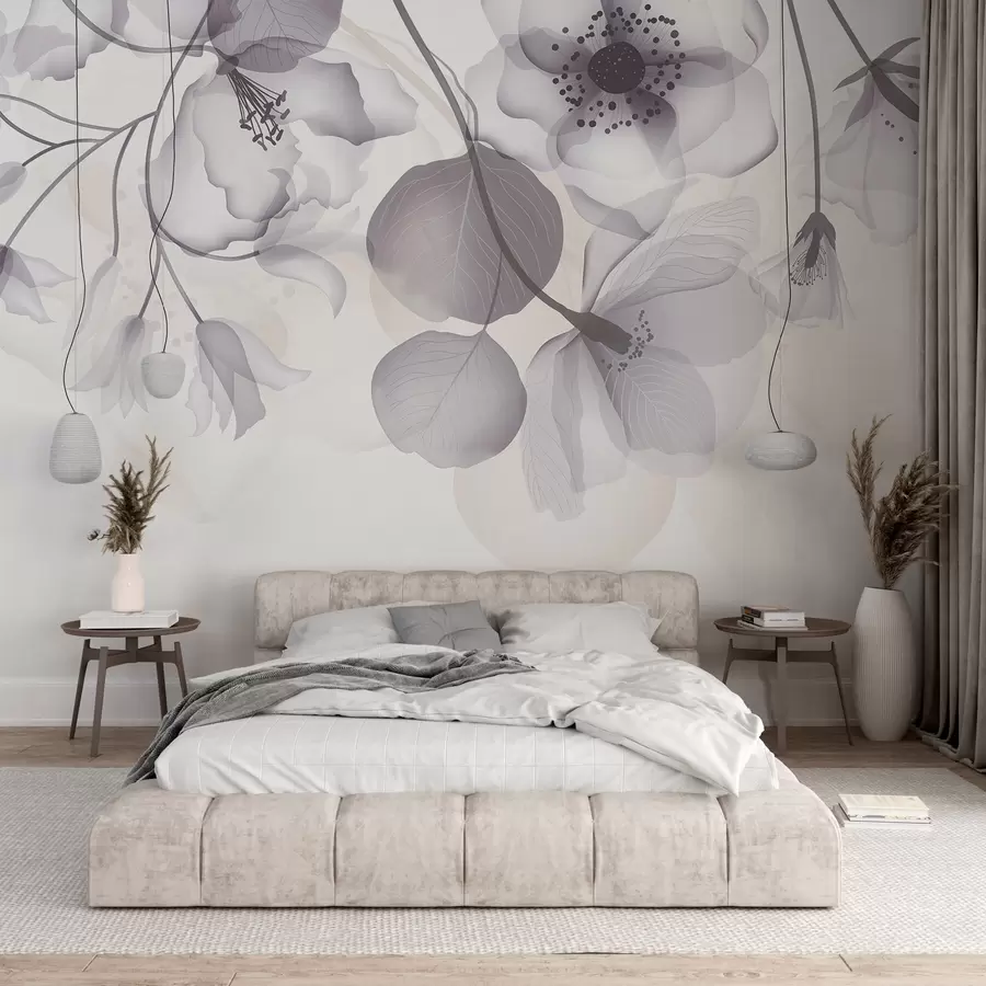 murales de pared Delicadas flores translúcidas grises y beige con pétalos suaves y centros oscuros, sobre un fondo claro w08613v2