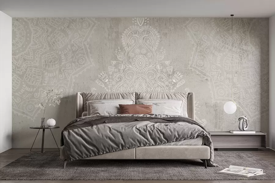 murales de pared Un detallado e intrincado estampado de mandala de encaje blanco sobre un fondo abstracto de textura beige claro w08614