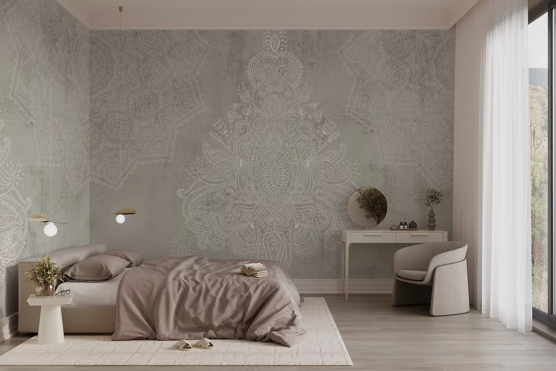 murales de pared Un detallado e intrincado estampado de mandala de encaje blanco sobre un fondo abstracto de textura beige claro w08614