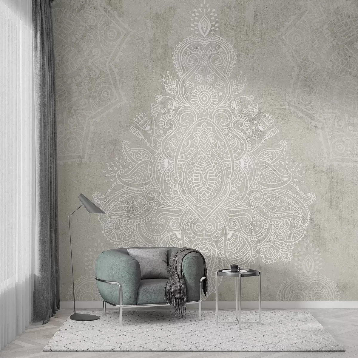 Murales de pared Un detallado e intrincado estampado de mandala de encaje blanco sobre un fondo abstracto de textura beige claro w08614 murales de pared Un detallado e intrincado estampado de mandala de encaje blanco sobre un fondo abstracto de textura beige claro w08614