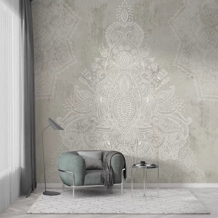 Murales de pared Un detallado e intrincado estampado de mandala de encaje blanco sobre un fondo abstracto de textura beige claro w08614 murales de pared Un detallado e intrincado estampado de mandala de encaje blanco sobre un fondo abstracto de textura beige claro w08614