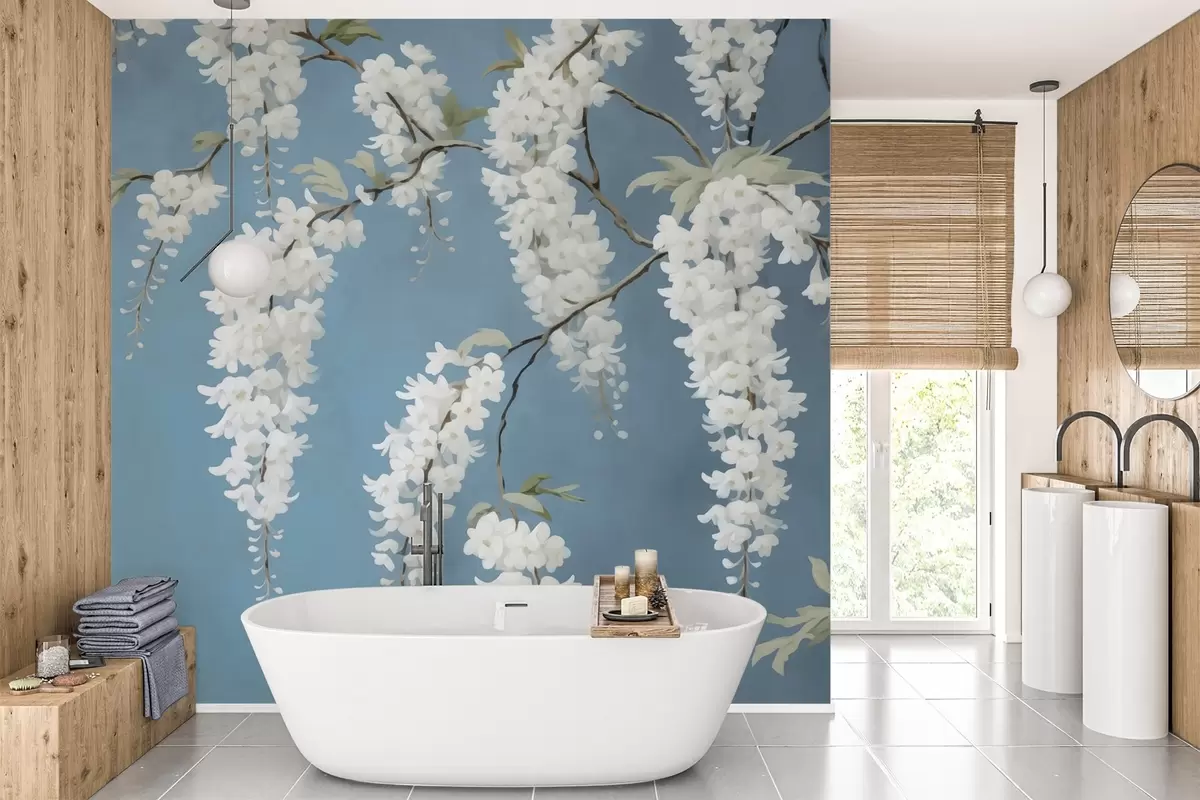 murales de pared Pintura imitación acacia blanca sobre azul w02723