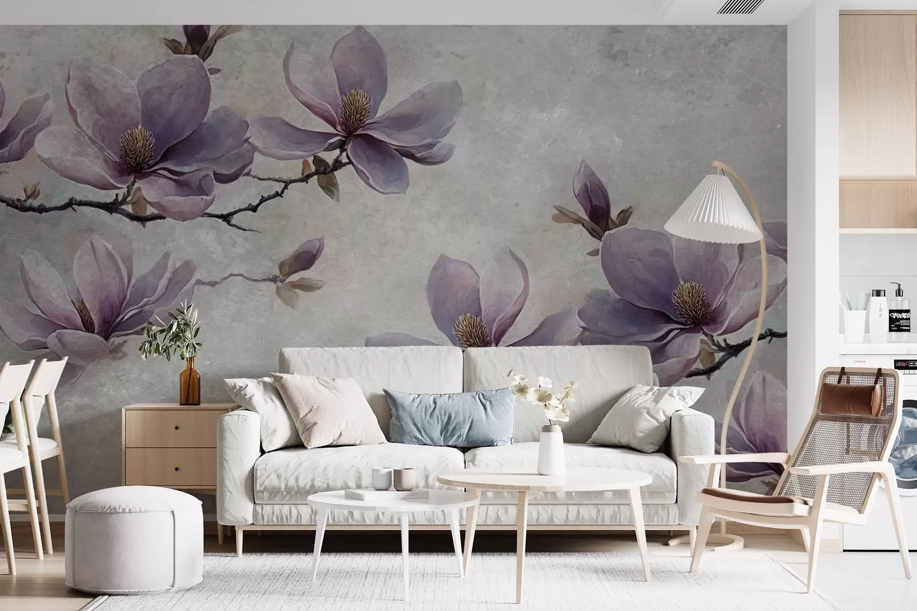murales de pared Ramas de magnolia sobre fondo gris acuarela w08624