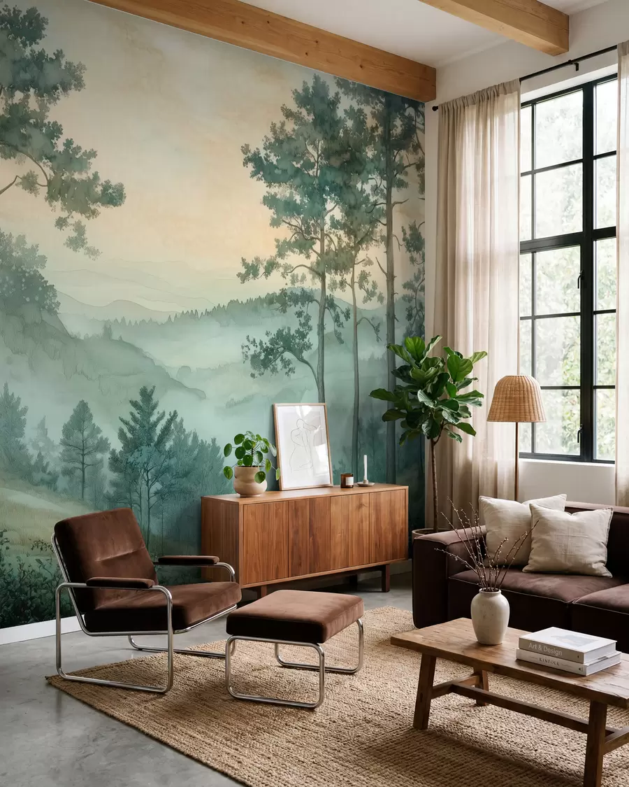 murales de pared panorama del bosque con colinas w02690
