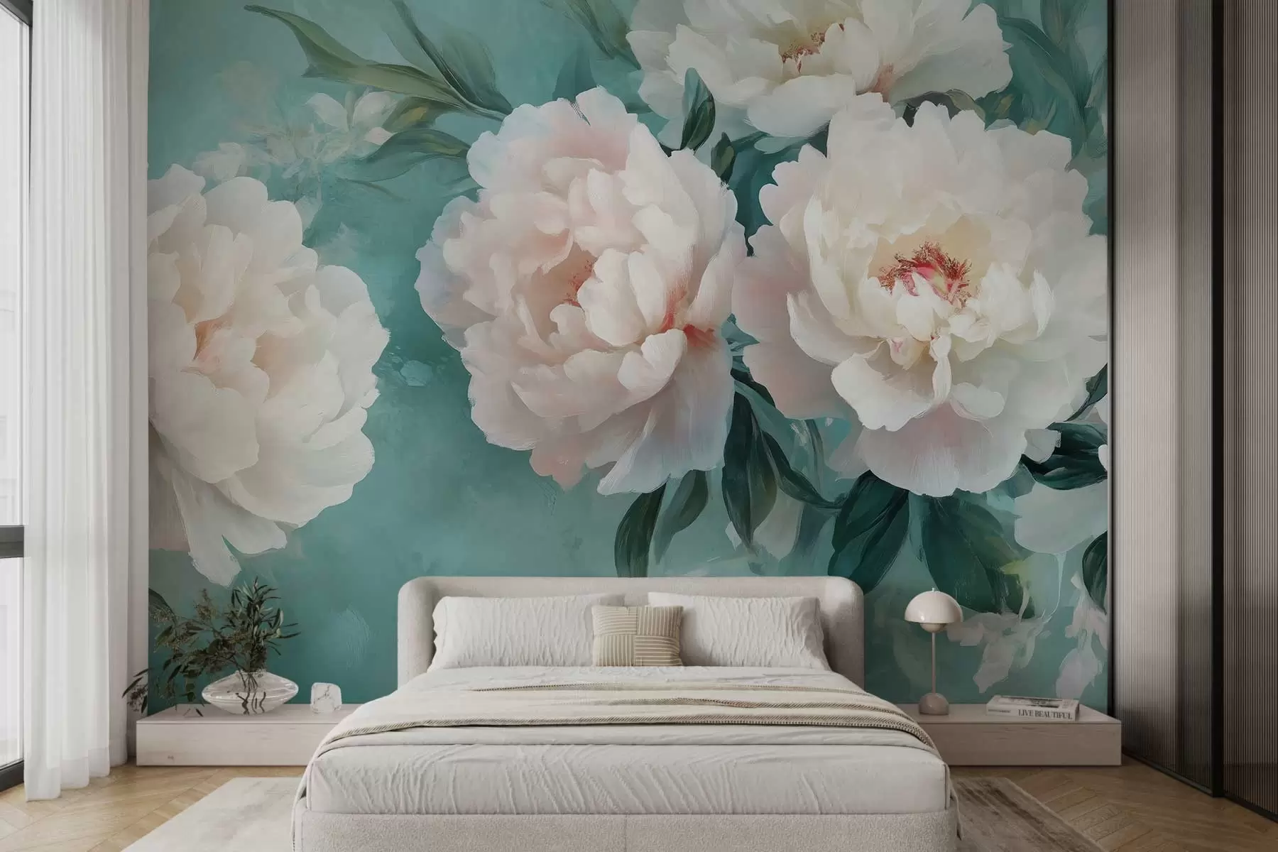 murales de pared grandes flores de exuberantes peonías sobre fondo turquesa w02763