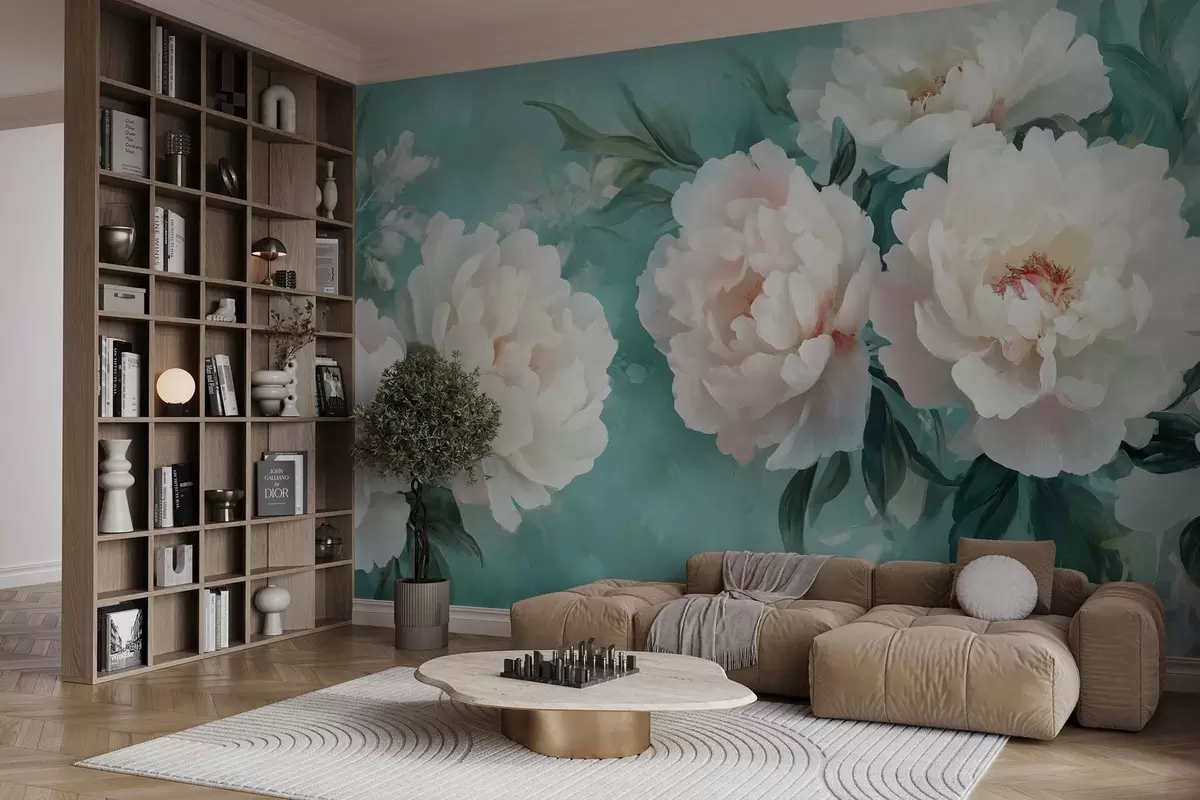 Murales de pared grandes flores de exuberantes peonías sobre fondo turquesa w02763 murales de pared grandes flores de exuberantes peonías sobre fondo turquesa w02763