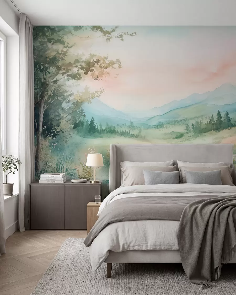 murales de pared acuarela paisaje con un camino y montañas w02764