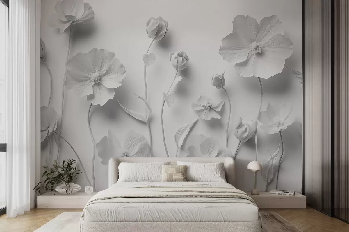 murales de pared Flores silvestres grises y amapolas en estuco w08630