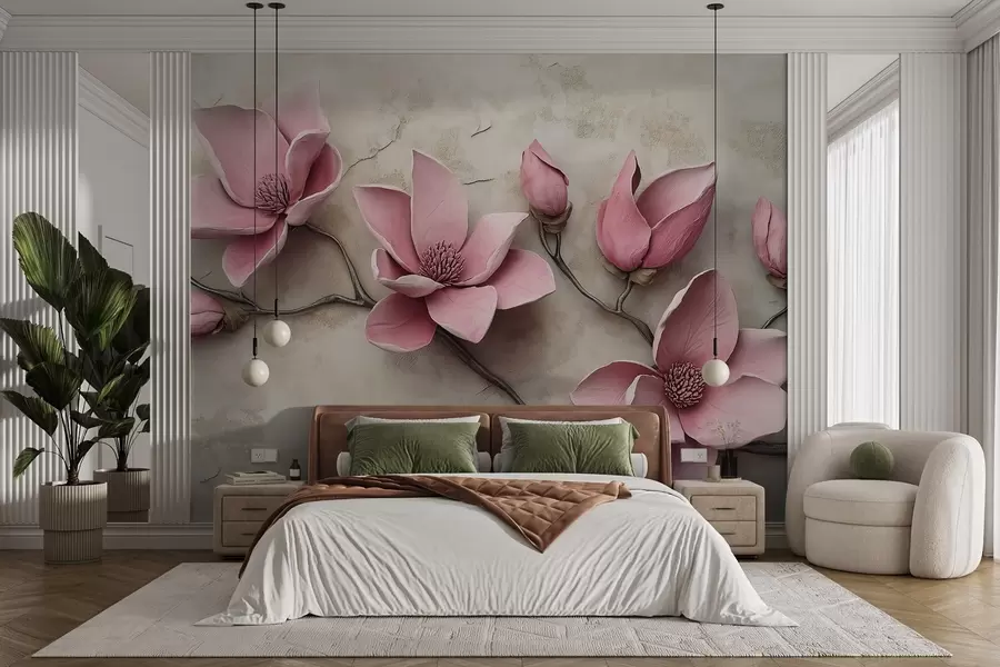 murales de pared Magnolias rosas en estuco w08635