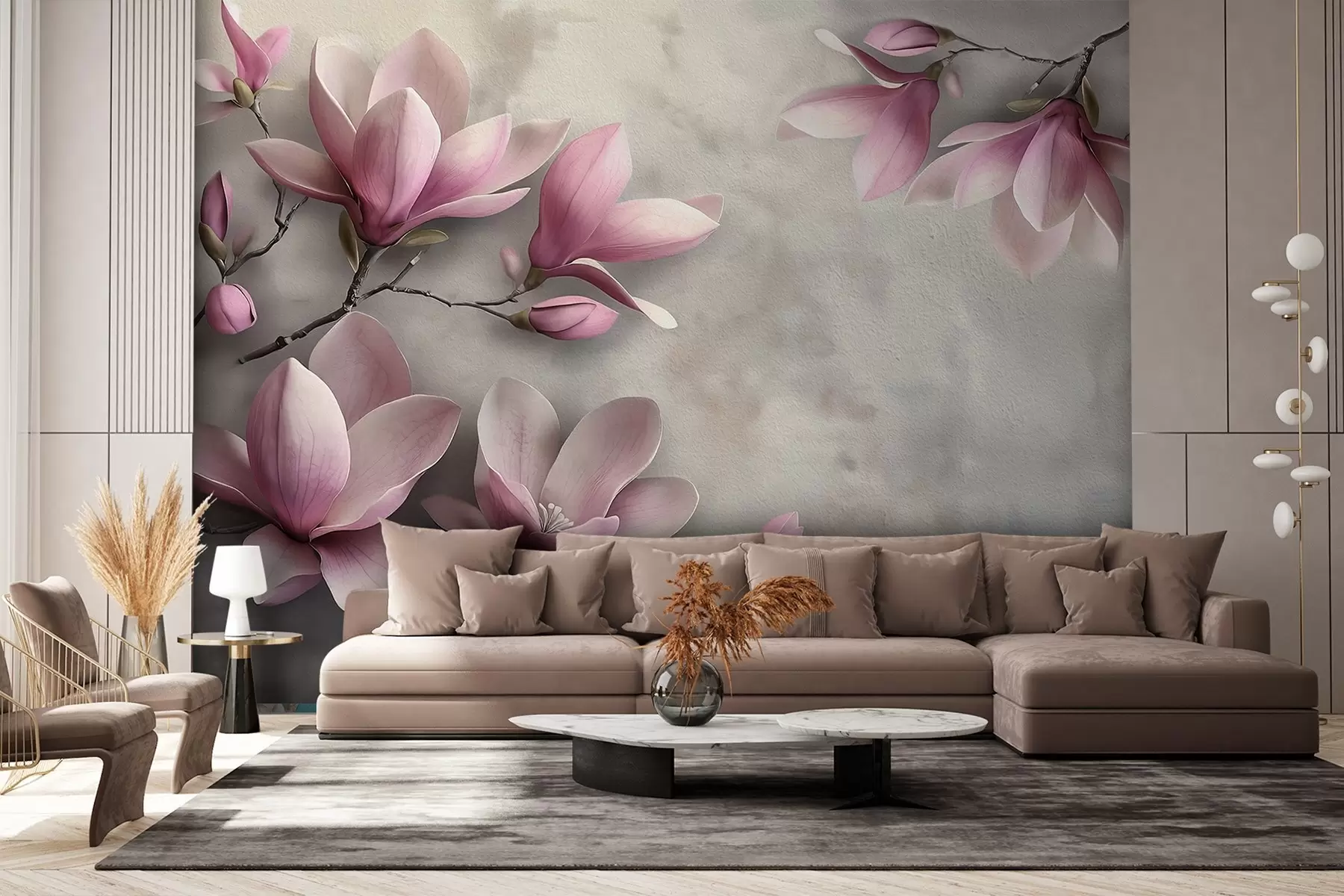 murales de pared Delicadas magnolias rosas sobre un muro de hormigón en tonos grises w08636v1