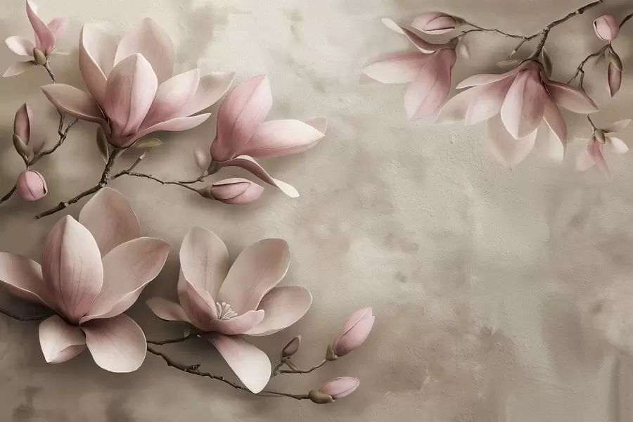 murales de pared Delicadas magnolias rosas sobre un muro de hormigón en tonos sepia w08636v2