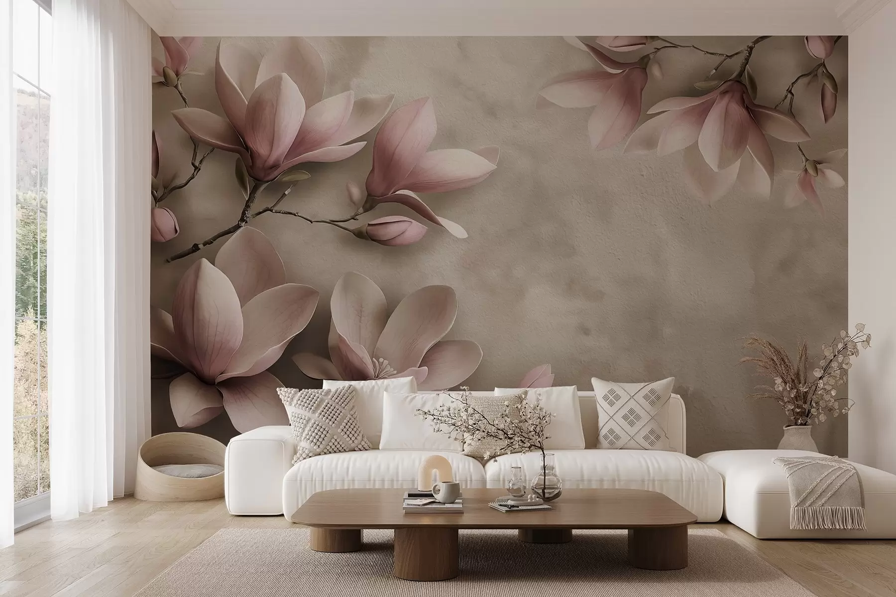 murales de pared Delicadas magnolias rosas sobre un muro de hormigón en tonos sepia w08636v2