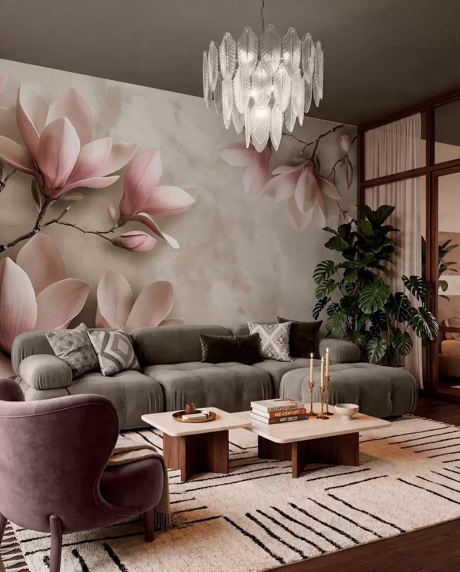 murales de pared Delicadas magnolias rosas sobre un muro de hormigón en tonos sepia w08636v2