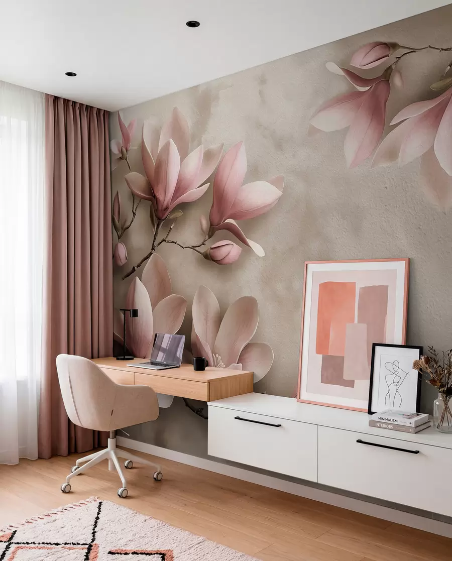 murales de pared Delicadas magnolias rosas sobre un muro de hormigón en tonos sepia w08636v2