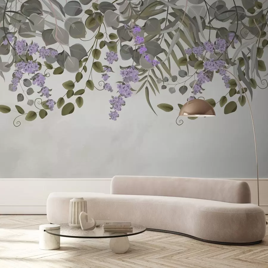 Murales de pared hojas verdes y flores moradas colgando w02805 murales de pared hojas verdes y flores moradas colgando w02805
