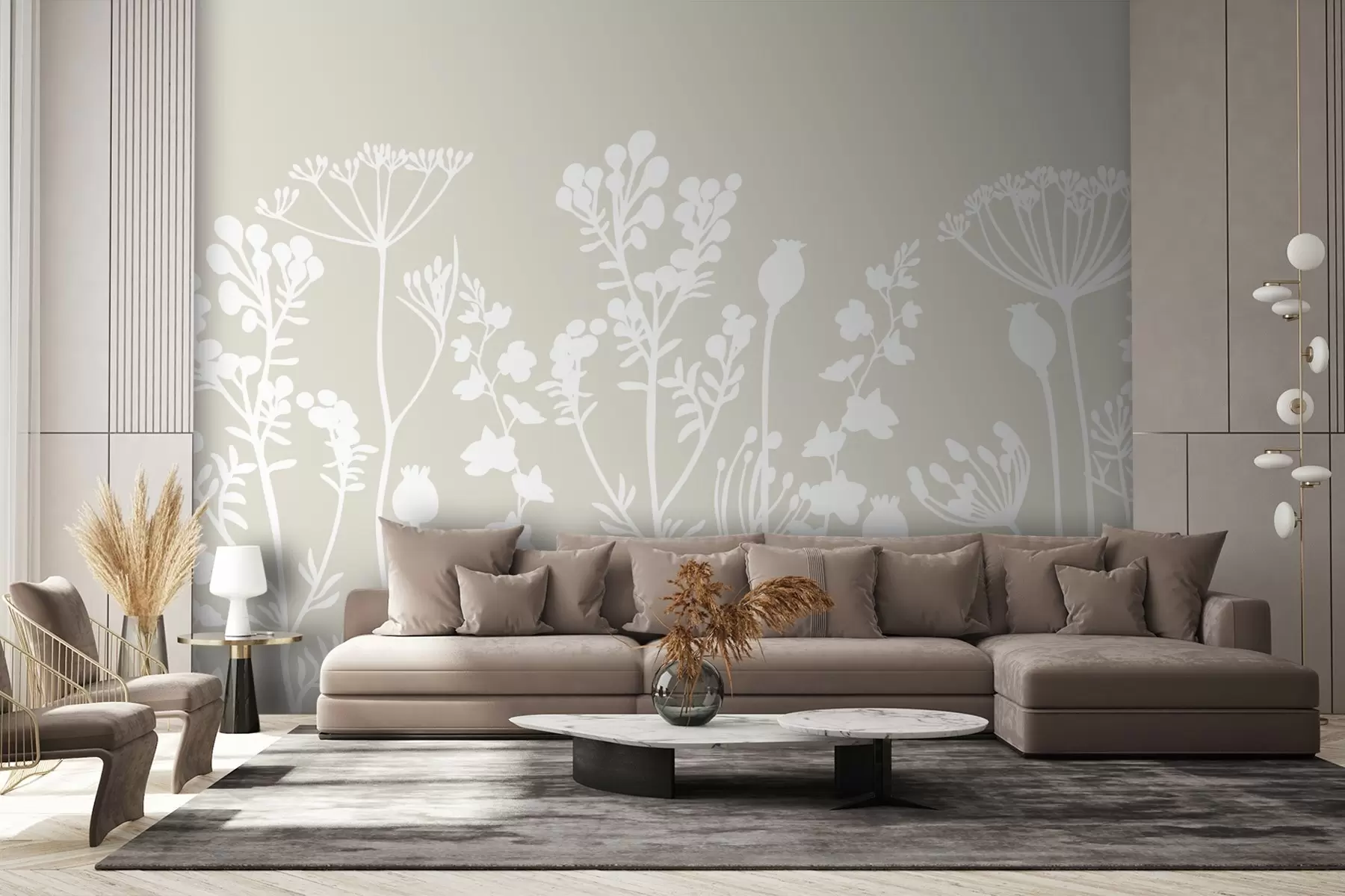 murales de pared siluetas blancas de flores sobre fondo beige w02809v2