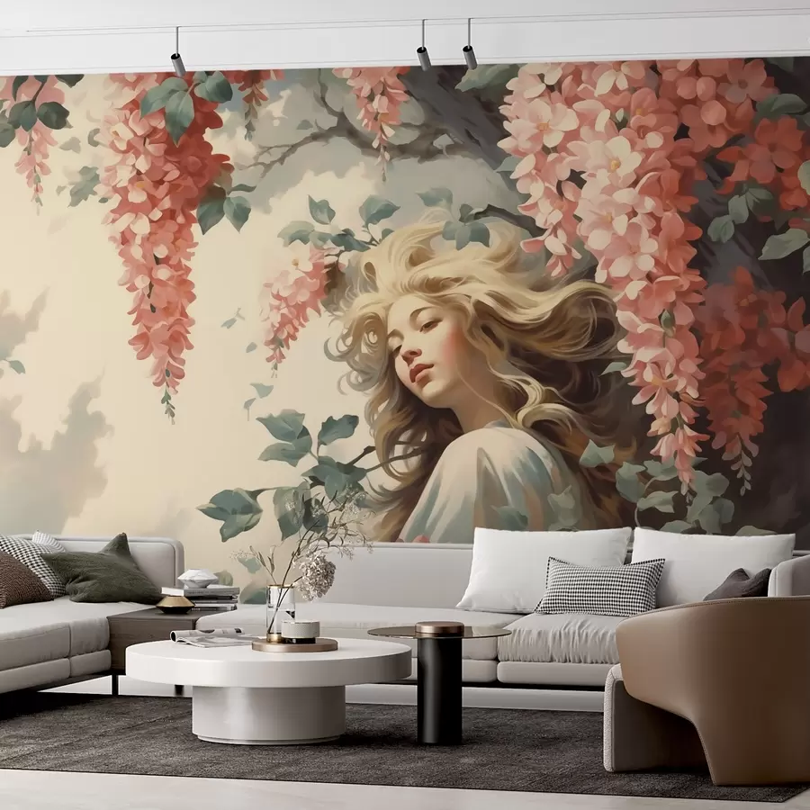 Murales de pared Retrato abstracto de una niña bajo un árbol con flores w02795 murales de pared Retrato abstracto de una niña bajo un árbol con flores w02795