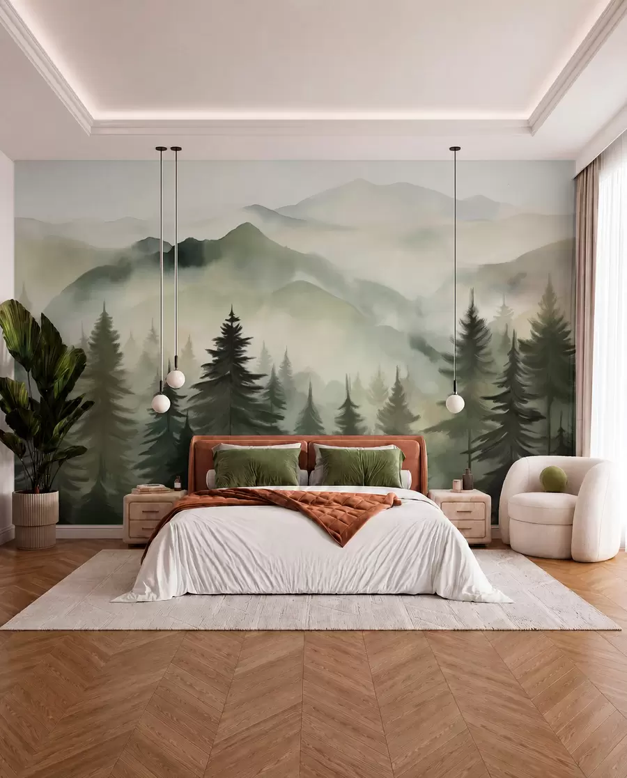 murales de pared Paisaje de montaña con un bosque de pinos y montañas en capas durante el amanecer con niebla ligera acuarela imitación arte  w08639